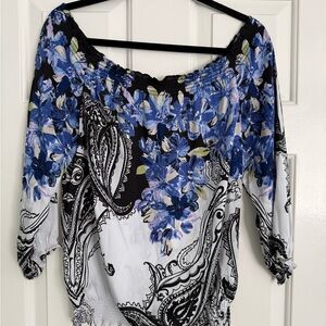 White House Black Market Blue Floral Off-Shoulder Blouse